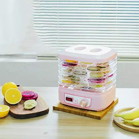 Smooth Operator Electric Food Dehydrator Machine With Five Adjustable Trays And Digital Timer with fruits on trays.