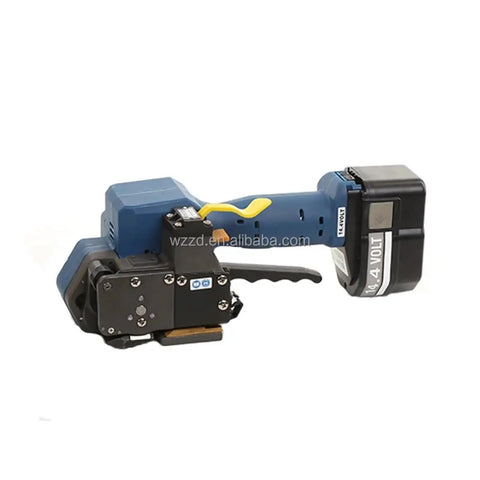 Portable Handheld Strapping Machine With Auto Tension Seal And Instant Cutter for heavy packages, featuring battery and ergonomic grip.