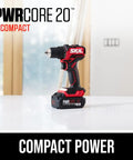 Pwr Core 20 Brushless 20V Compact Drill Driver on table, showing its compact design and branding.
