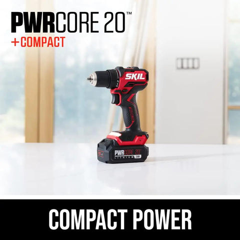 Pwr Core 20 Brushless 20V Compact Drill Driver on table, showing its compact design and branding.