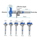 Five Forstner drill bits with blue tips and silver shanks, sizes 15–35 mm (front view).