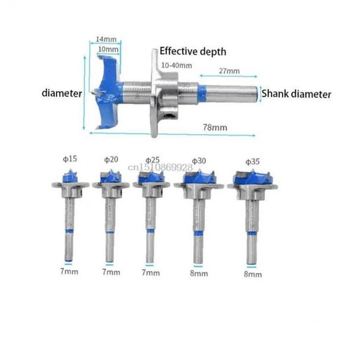 Five Forstner drill bits with blue tips and silver shanks, sizes 15–35 mm (front view).