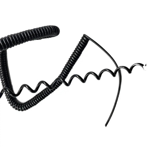 Rock Solid Coiled Power Extension Cord With Spring Wire Cable showing black coiled design and flexible wiring.