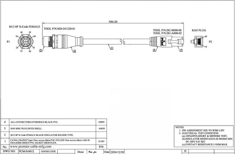M12 X Code To RJ45 Bulkhead Panel Mount Ethernet Cable CAT6A Beefy Shielded High Flex For Industrial Vision And GigE Vision Cameras, Machine Vision, PoE Sensors, PLCs And Robotics, IP67 Protected, 0.3m Length, technical drawing