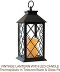 Vintage 13.5 Inch Lantern Set With Realistic LED Pillar Candle Black Finish 6 Hour Timer IP44 Waterproof for Hanging or Tabletop