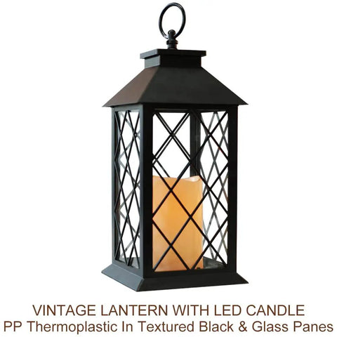 Vintage 13.5 Inch Lantern Set With Realistic LED Pillar Candle Black Finish 6 Hour Timer IP44 Waterproof for Hanging or Tabletop