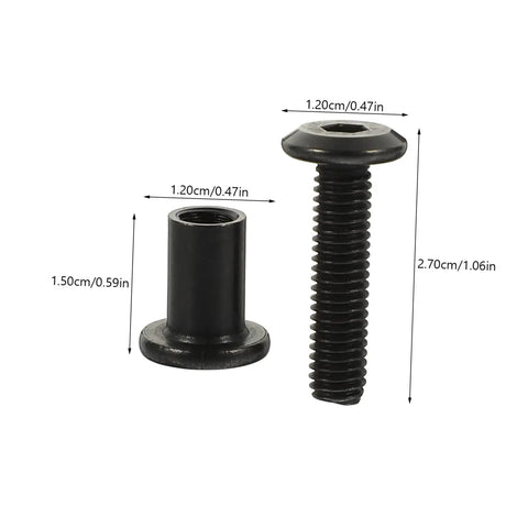 Top Shelf Five Piece Pack Of Black Stainless Steel Binding Screws And Nuts For Scrapbooks Photo Albums And Bookbinding With Countersunk Flat Head For No Sweat Setup showing screw and nut dimensions.