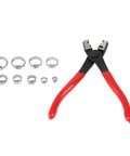 Rock Solid 80 Piece Stainless Steel Hose Clamp Assortment Kit With Heavy Duty Pliers For Serious Mechanics And DIY Projects Offering 9 Size Ranges To Handle Any Job With Extreme Durability And Rust Resistance. Stainless steel hose clamps and red-handled pliers on white background