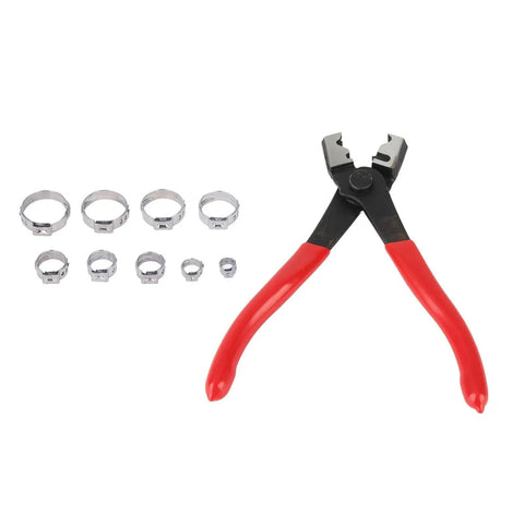 Rock Solid 80 Piece Stainless Steel Hose Clamp Assortment Kit With Heavy Duty Pliers For Serious Mechanics And DIY Projects Offering 9 Size Ranges To Handle Any Job With Extreme Durability And Rust Resistance. Stainless steel hose clamps and red-handled pliers on white background