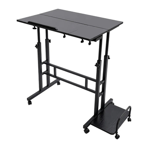 Smooth Operator Height Adjustable Standing Desk With Heavy Duty Steel Build And Six Easy Roll Wheels For Ergonomic Sit Stand Office Setup To Level Up Your Grind, black finish and adjustable height.