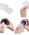 Lens cleaning paper 4x3 in, white lint-free tissue for camera lenses; collage with front, side and close-up cleaning shots.