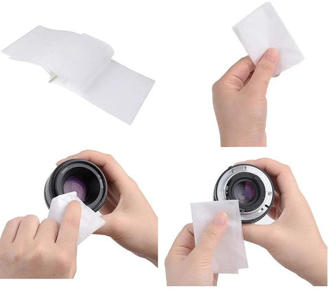 Lens cleaning paper 4x3 in, white lint-free tissue for camera lenses; collage with front, side and close-up cleaning shots.