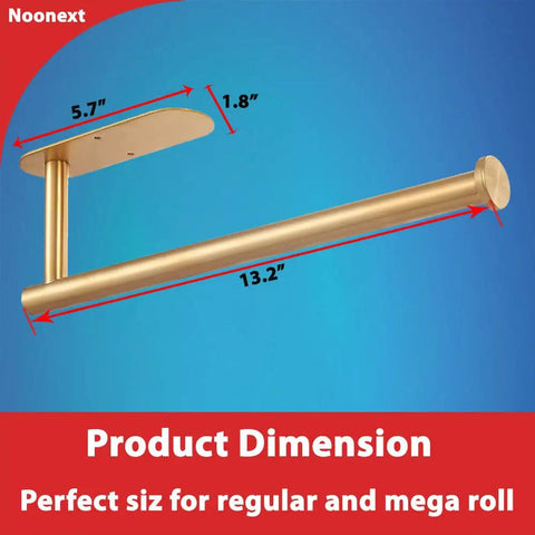 Self Adhesive Paper Towel Holder Under Cabinet Mount No Drilling 13.2 Inch Bar Brushed Gold Stainless Steel SUS304 Waterproof Rustproof Kitchen Organizer Fits All Roll Sizes shown with dimensions