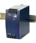 Heavy Duty Industrial Switching Power Supply Delivers Sweet Stable AC DC Adapter Output With USB Charging Ports And Adjustable Voltage For Battery Charger Tasks That Stay Crisp And Run Tight, blue metal body with mounting rail.