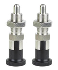Top Shelf Stainless Steel Plunger Pin Set Double Pack For Tool Chest Organization With Quick Release Pull Ring Spring Loaded Self Locking Knob M10 Threads, featuring two stainless steel indexing plungers.