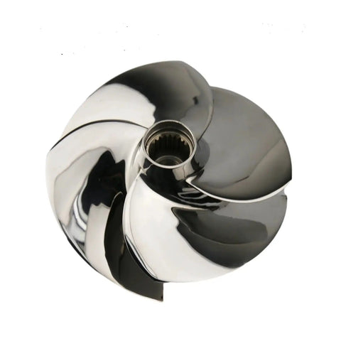 Premium Four Blade Steel Motorboat Propeller Designed For Big And Small Shaft Rigs On 130 155 170 Engines, top view showcasing blades.