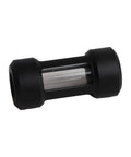 Fabater Water Cooling Filter With Brass Acrylic Build And 02 To 01Mm Stainless Steel Mesh For Pc Waterblocks And Radiators. Side view showing black housing and mesh.