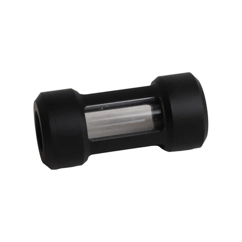 Fabater Water Cooling Filter With Brass Acrylic Build And 02 To 01Mm Stainless Steel Mesh For Pc Waterblocks And Radiators. Side view showing black housing and mesh.