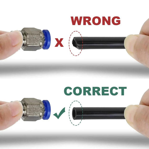 Sineside vacuum PU tubing and push-lock fittings; 1/8 in NPT to 1/4 in tubing shows correct insertion into black tube.