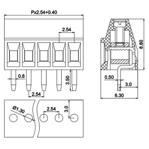 Technical drawing of 50 Pack 2.54mm 0.1 Inch Pitch PCB Mount Screw Terminal Block Connector detailing measurements.
