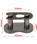 Close-up of 420 chain master link with dimensions for dirt bikes, ATVs, go-karts, mini bikes. 420 Chain Master Link Roller Connector Kit For 50cc To 212cc Dirt Bikes ATVs Go Karts And Mini Bikes Ten Pack Replacement Fits TaoTao Coolster Coleman Baja And More.