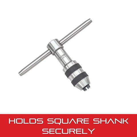 T-Handle Tap Wrench For Holding Taps, Drills, Reamers And Small Tools, 1/4-1/2 Inch Capacity, shown with square shank holder
