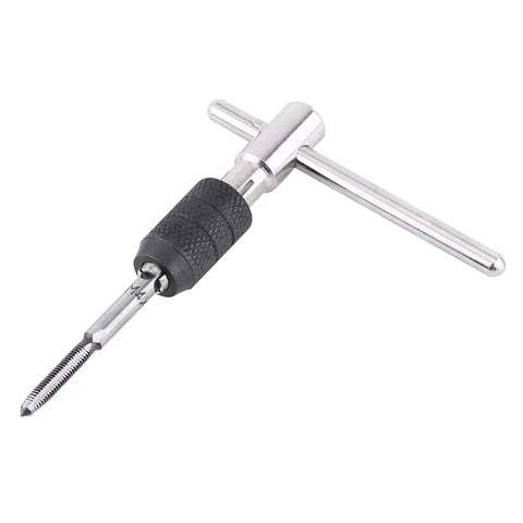 Tap Wrench And Drill Bit Set 9 Piece T Shaped Kit with visible tap and T-handle for threading in metalworking projects.