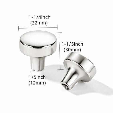 Top Shelf 10 Pack 1-1/4 Inch Heavy Duty Solid Round Cabinet Knobs Polished Nickel showing dimensions for kitchen drawer pulls.