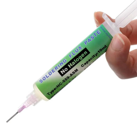 Hand holding No Clean Solder Flux Paste Lead Free Rosin Flux Tacky Soldering Liquid For Electronics Repairs, 10 ml tube