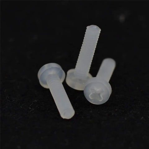 Top Shelf White Nylon Phillips Pan Head Machine Screws M2x8mm Non Conductive Dielectric Fasteners Pack Of One Hundred on a dark background.