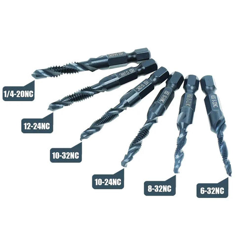 Six Pack Drill Tap Bit Set With Black Nitride Coating For Power Drills And Drivers Includes SAE Sizes 6 32 NC, 8 32 NC, 10 24 NC, 10 32 NC, 12 24 NC, And 1 4 20 NC High Speed Steel 4341 For Fast Cutting And Long Life displayed in a line.