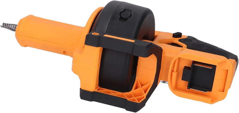 Cordless Electric Drain Auger And Plumbing Snake For Nasty Hair Clogs Kicks Blockages To The Curb, orange and black design.