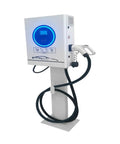 Beast Mode Heavy Duty Dc Fast Charger Floor Mounted Pedestal For Commercial Parking Lots And Fleet Depots With Rapid Juice Delivery, white unit with electric plug.