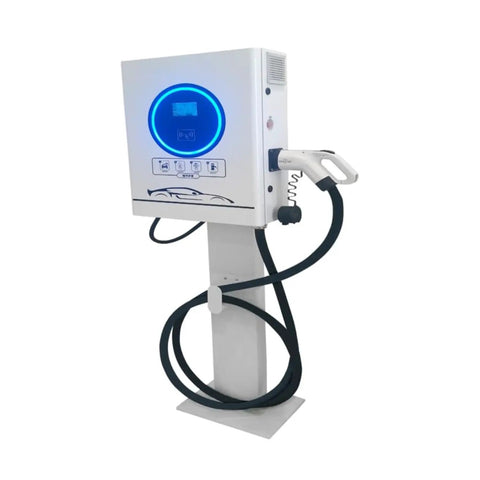 Beast Mode Heavy Duty Dc Fast Charger Floor Mounted Pedestal For Commercial Parking Lots And Fleet Depots With Rapid Juice Delivery, white unit with electric plug.