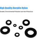Massive 720 Piece Black Nylon Flat Washers Kit With Seven Sizes M3 M4 M5 M6 M8 M10 M12 For DIY Projects And Mechanical Fixes, Reducing Friction, Preventing Leaks, Isolating Pressure, And Spreading Load Like A Pro. Black nylon flat washers shown in multiple sizes