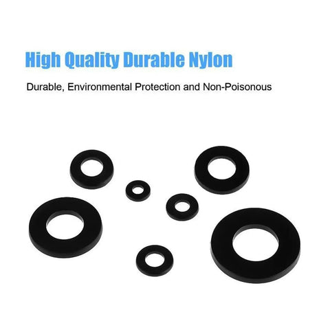 Massive 720 Piece Black Nylon Flat Washers Kit With Seven Sizes M3 M4 M5 M6 M8 M10 M12 For DIY Projects And Mechanical Fixes, Reducing Friction, Preventing Leaks, Isolating Pressure, And Spreading Load Like A Pro. Black nylon flat washers shown in multiple sizes