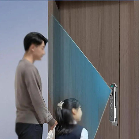 Smart Door Lock Offering Hella Secure Hidden Fingerprint Access and Digital Remote Automatic Deadbolt Silent as Ghost with users at a doorway.