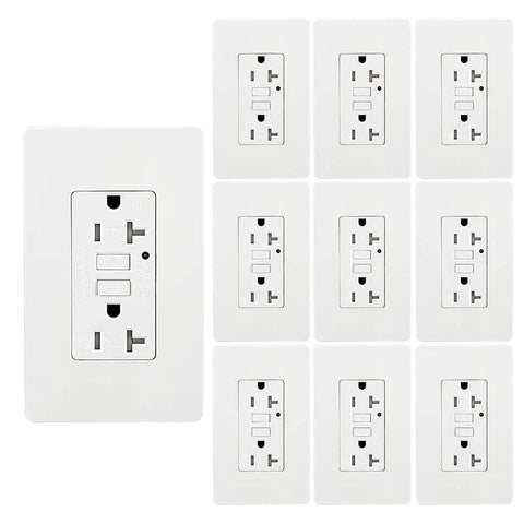 GFCI Weather-Resistant 20A 125V Outlet With Tamper-Resistant Receptacle, LED Indicator, ETL Listed, Includes 2 Wall Plates And Screws, White, 10 Pack product display.