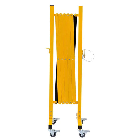 Effortless Expandable Metal Barricade 8 Feet Portable Safety Barrier On Casters, folded, front view for transport