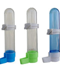 Auto Bird Feeder And Water Dispenser With Clear Polymer Reservoir Clip On Cage Rack Gravity System For Budgies Cockatiels And Parakeets No Sweat Setup, features three transparent gravity feeders in blue, green, and clear.