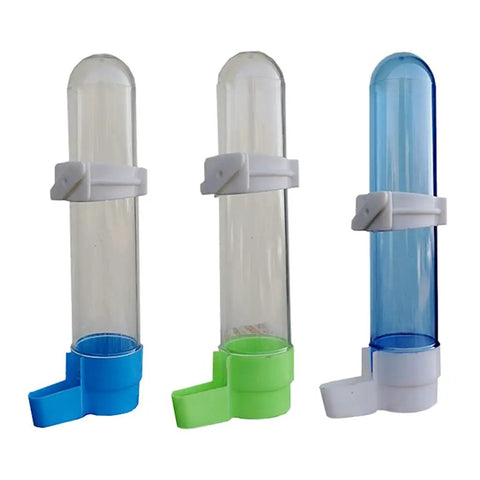 Auto Bird Feeder And Water Dispenser With Clear Polymer Reservoir Clip On Cage Rack Gravity System For Budgies Cockatiels And Parakeets No Sweat Setup, features three transparent gravity feeders in blue, green, and clear.