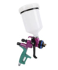 Real Deal HVLP Paint Sprayer Machine Delivering Smooth As Silk Atomization And No Sweat Adjustments For Furniture Coating And Auto Painting With Solid 600 Ml Aluminum Cup, showing side view of spray gun and 600ml cup.