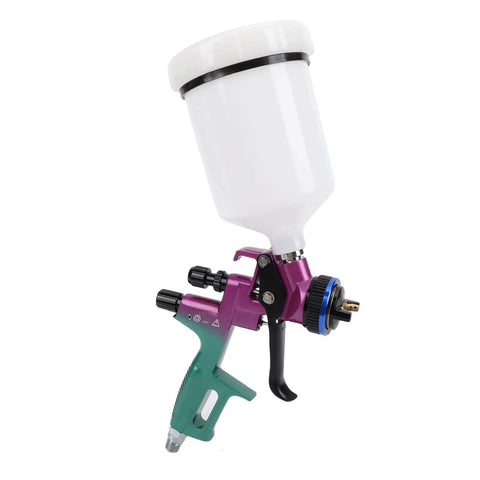 Real Deal HVLP Paint Sprayer Machine Delivering Smooth As Silk Atomization And No Sweat Adjustments For Furniture Coating And Auto Painting With Solid 600 Ml Aluminum Cup, showing side view of spray gun and 600ml cup.