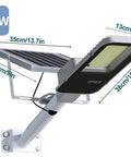 JUDYSSY 150W Solar Street Lights Outdoor with 600 Led Bright Lamp showing dimensions, IP65 rated, sleek solar design, ideal for garages.