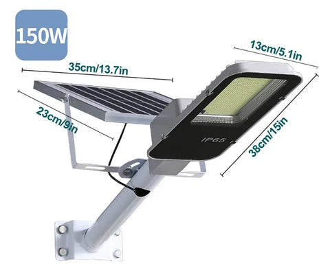 JUDYSSY 150W Solar Street Lights Outdoor with 600 Led Bright Lamp showing dimensions, IP65 rated, sleek solar design, ideal for garages.