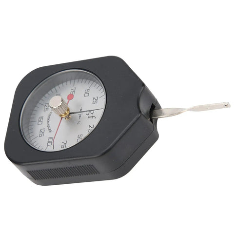 Pocket Size Dial Tension Meter Gauge For Measuring Force With Dual Needle Readout Portable Pull Tester And Compact 150 Gram Capacity Backpack Friendly Tension Gauge, black body