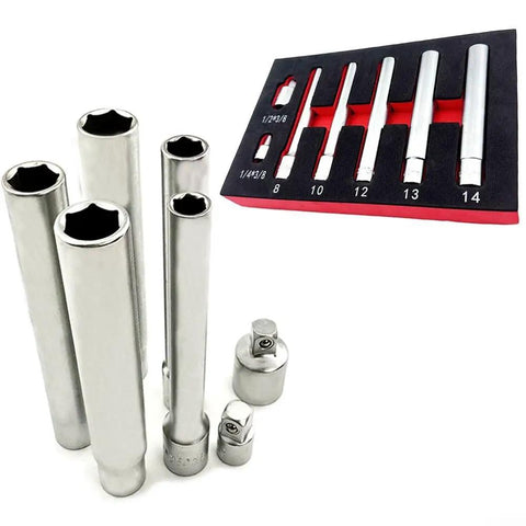 Heavy Duty Chrome Vanadium Socket Head Set With Three Eighth Inch Drive Extra Long 120mm Reach Six Piece Metric Sockets and adapters