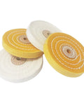 Heavy Duty Four Inch Cotton Buffing Wheels With Half Inch Arbor For Knockout Polishing On Metals Wood Plastics And Jewelry Rotary Tool Attachments Smooth As Butter Finish, four yellow and white discs stacked.