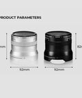 Heavy Duty Electric Espresso Tamper Game Changer With 16 Adjustable Pressure Levels Auto Compresses 58mm Portafilter Locks In Your Perfect Shot Daily Black Finish shown in black and silver, dimensions 82mm x 92mm.