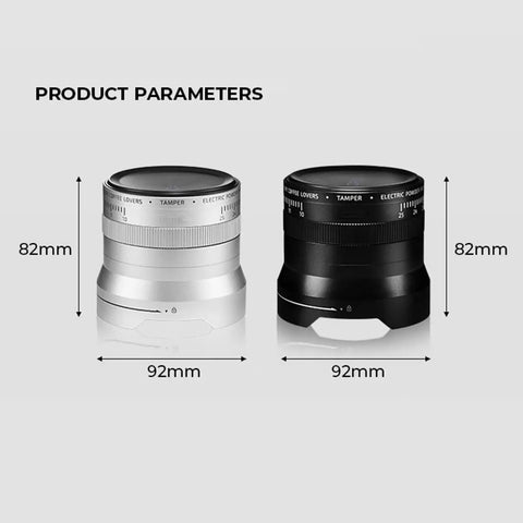 Heavy Duty Electric Espresso Tamper Game Changer With 16 Adjustable Pressure Levels Auto Compresses 58mm Portafilter Locks In Your Perfect Shot Daily Black Finish shown in black and silver, dimensions 82mm x 92mm.
